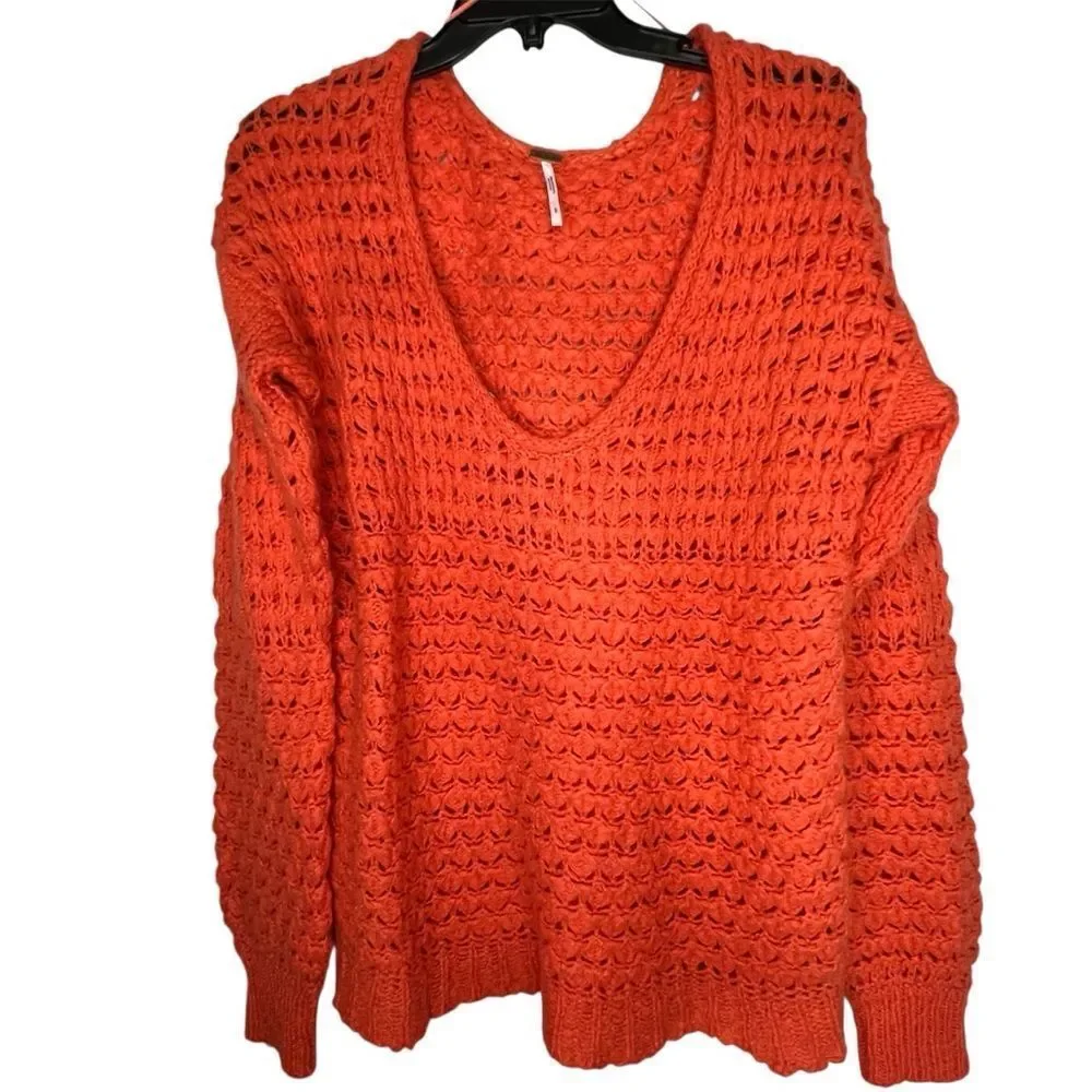 Free People Crashing Waves Pullover Knit Long Sleeve Orange Women’s Sweater Sz S